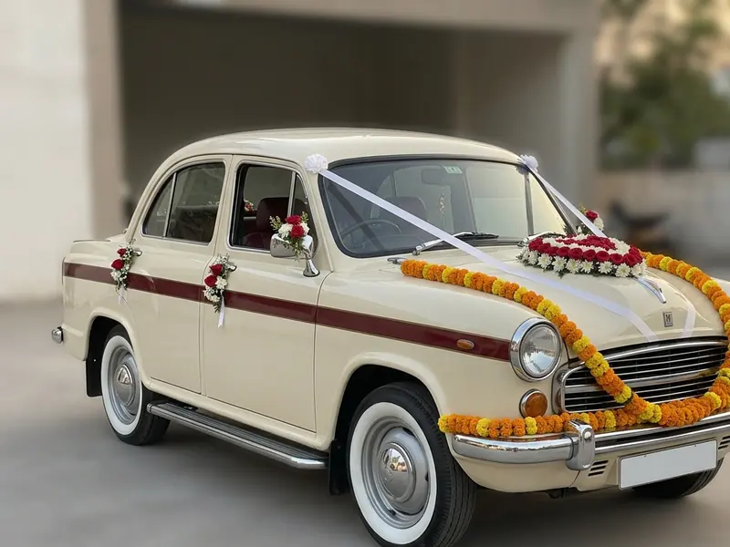 Cream and maroon vintage Hindustan Ambassador decorated with marigold garlands for a wedding in Ahmedabad